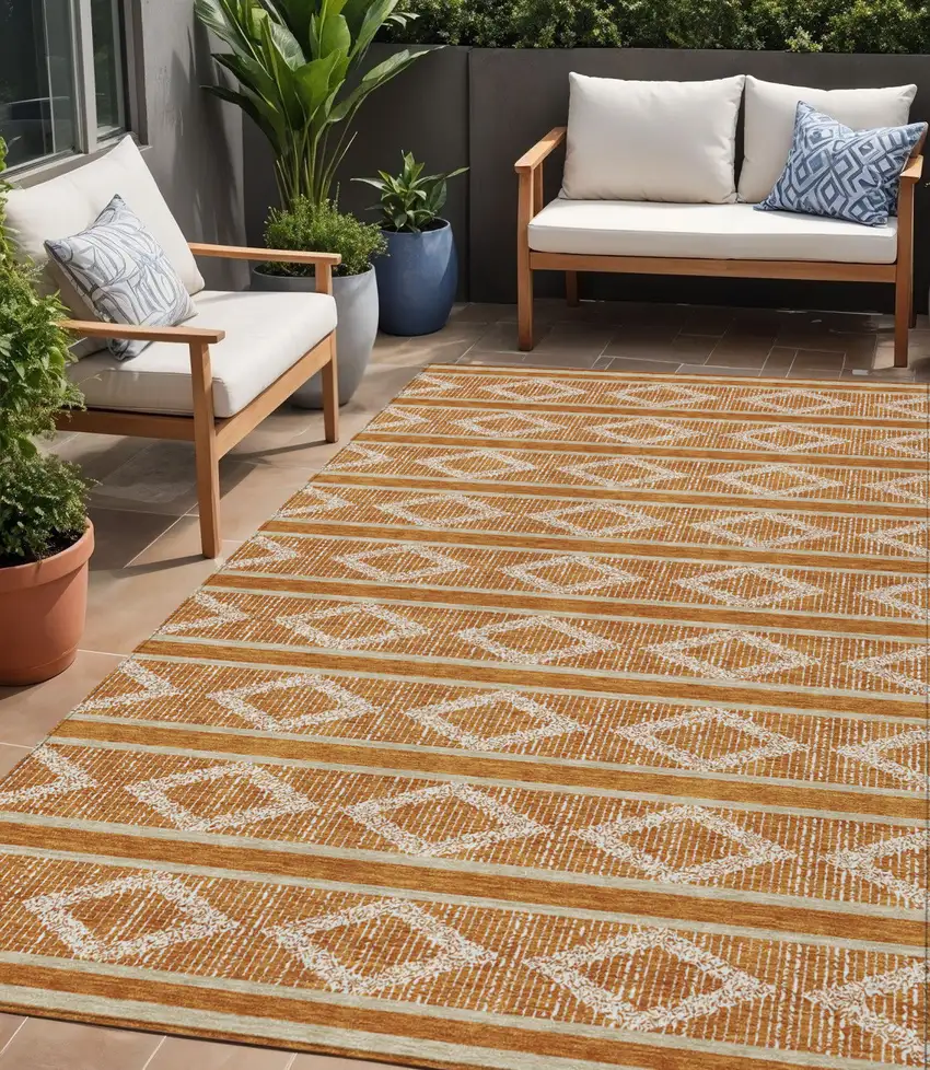 Copper And Ivory Geometric Washable Indoor Outdoor Area Rug Photo 1