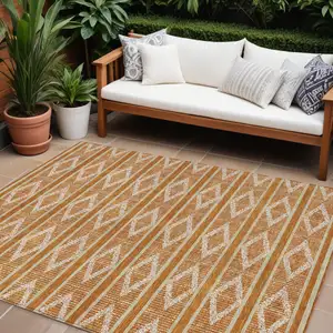 Photo of Copper And Ivory Geometric Washable Indoor Outdoor Area Rug