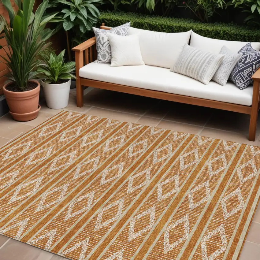Copper And Ivory Geometric Washable Indoor Outdoor Area Rug Photo 1