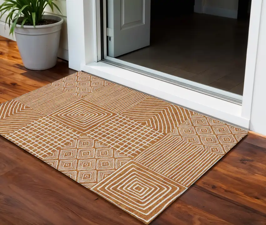 Copper And Ivory Geometric Washable Indoor Outdoor Area Rug Photo 1