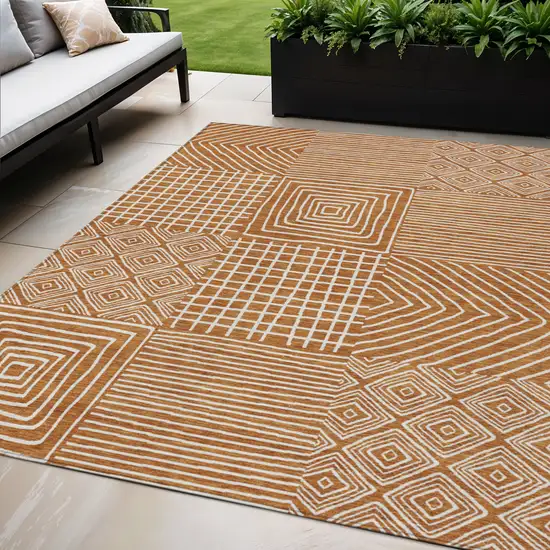 Copper And Ivory Geometric Washable Indoor Outdoor Area Rug Photo 1