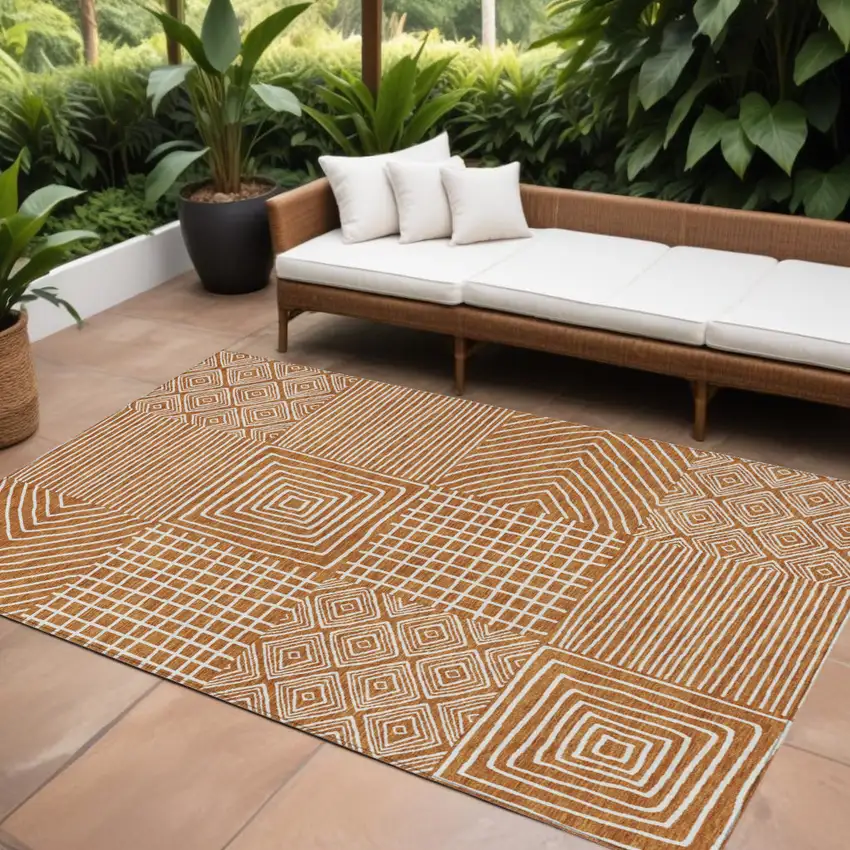 Copper And Ivory Geometric Washable Indoor Outdoor Area Rug Photo 1