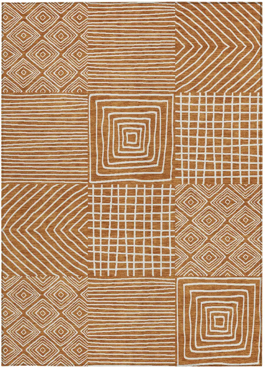 Copper And Ivory Geometric Washable Indoor Outdoor Area Rug Photo 7