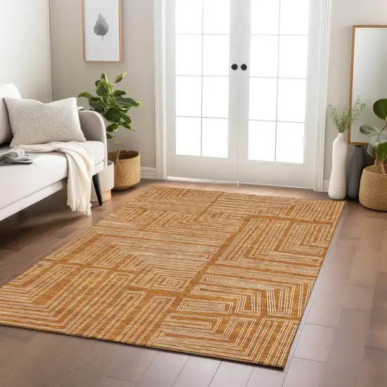 Copper And Ivory Geometric Washable Indoor Outdoor Area Rug Photo 9