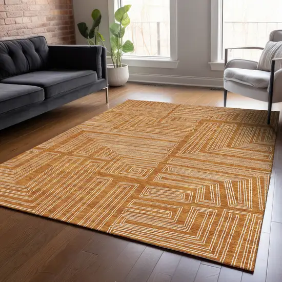 Copper And Ivory Geometric Washable Indoor Outdoor Area Rug Photo 8