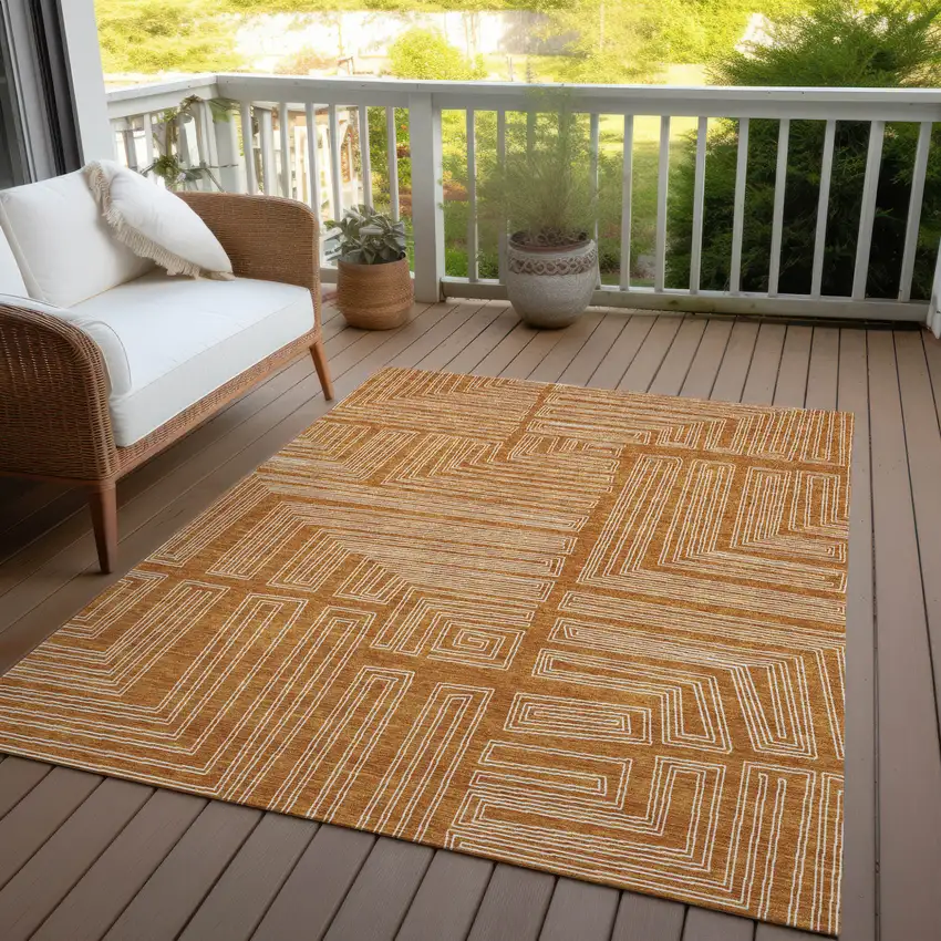 Copper And Ivory Geometric Washable Indoor Outdoor Area Rug Photo 7