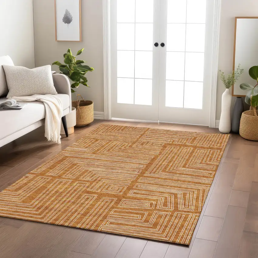 Copper And Ivory Geometric Washable Indoor Outdoor Area Rug Photo 9