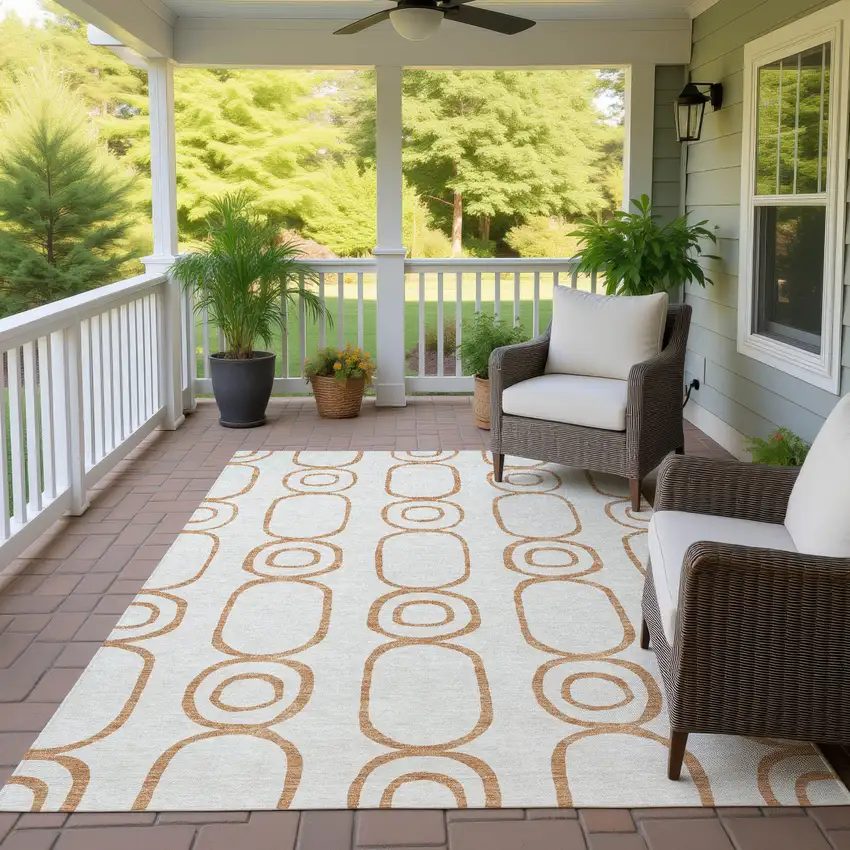Copper And Ivory Geometric Washable Indoor Outdoor Area Rug Photo 9