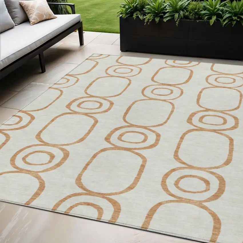 Copper And Ivory Geometric Washable Indoor Outdoor Area Rug Photo 1