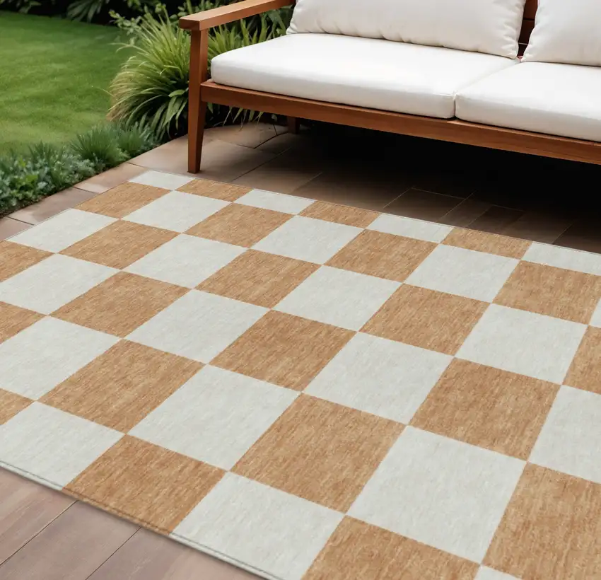 Copper And Ivory Geometric Washable Indoor Outdoor Area Rug Photo 1