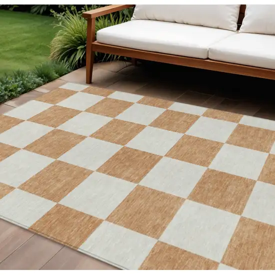 Copper And Ivory Geometric Washable Indoor Outdoor Area Rug Photo 1