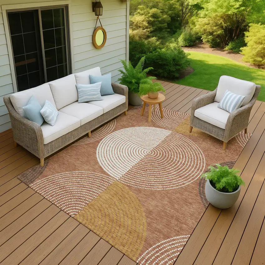 Copper And Ivory Geometric Washable Indoor Outdoor Area Rug Photo 9