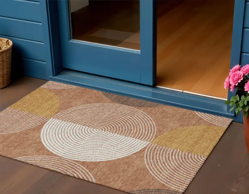 Copper And Ivory Geometric Washable Indoor Outdoor Area Rug Photo 1