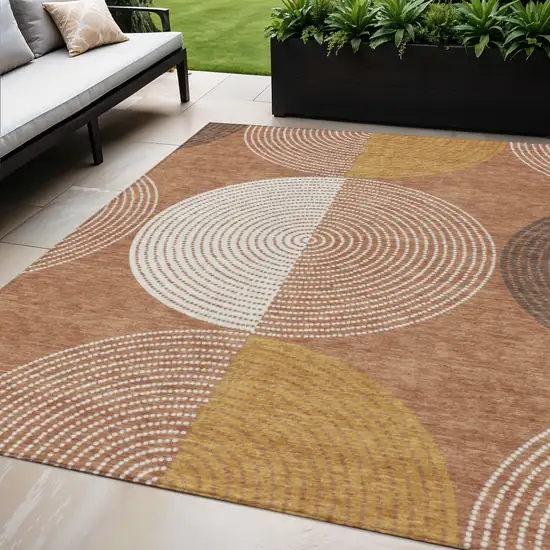 Copper And Ivory Geometric Washable Indoor Outdoor Area Rug Photo 1
