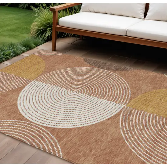 Copper And Ivory Geometric Washable Indoor Outdoor Area Rug Photo 1