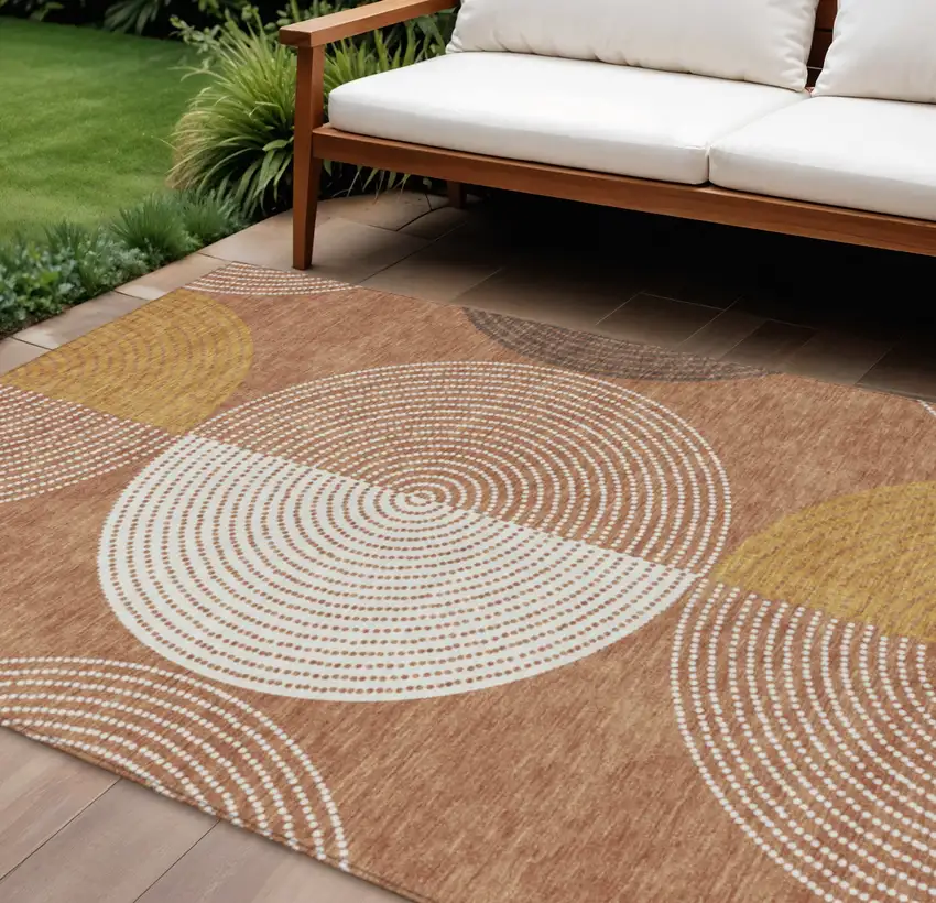 Copper And Ivory Geometric Washable Indoor Outdoor Area Rug Photo 1
