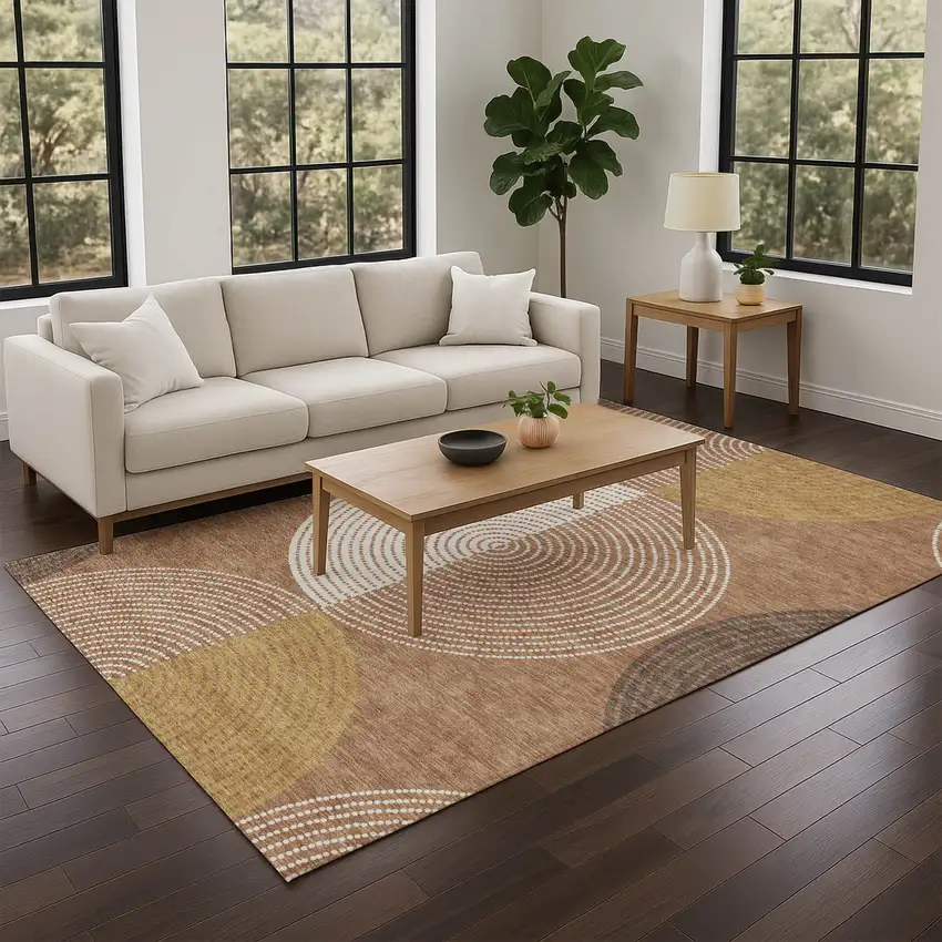 Copper And Ivory Geometric Washable Indoor Outdoor Area Rug Photo 9