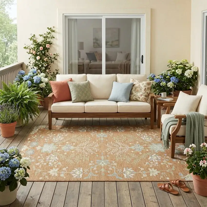 Copper And Ivory Oriental Washable Indoor Outdoor Area Rug Photo 1