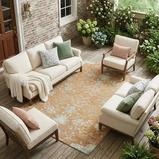 Copper And Ivory Oriental Washable Indoor Outdoor Area Rug Photo 1