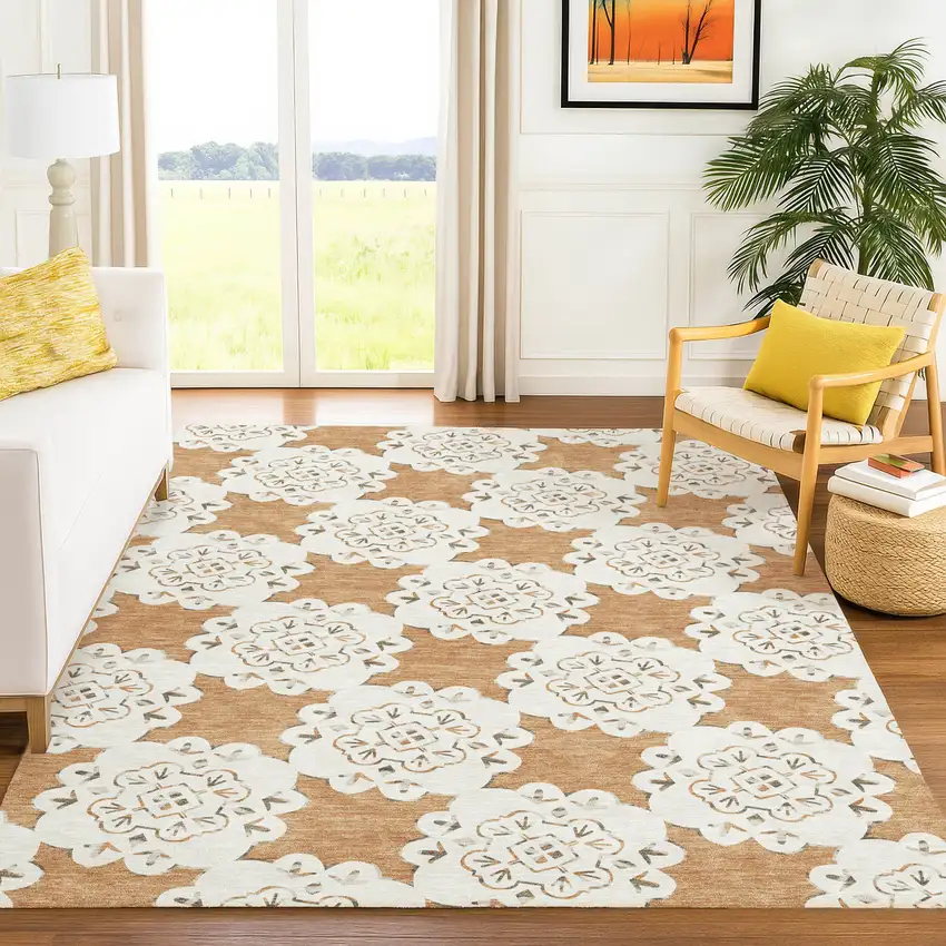 Copper And Ivory Quatrefoil Washable Indoor Outdoor Area Rug Photo 8