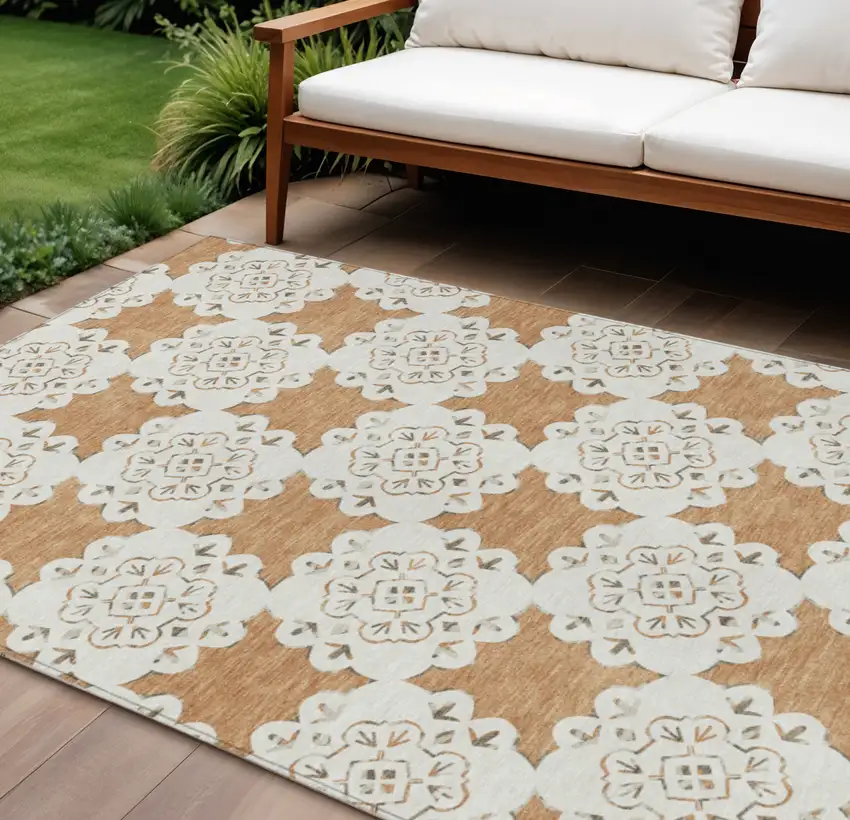 Copper And Ivory Quatrefoil Washable Indoor Outdoor Area Rug Photo 1