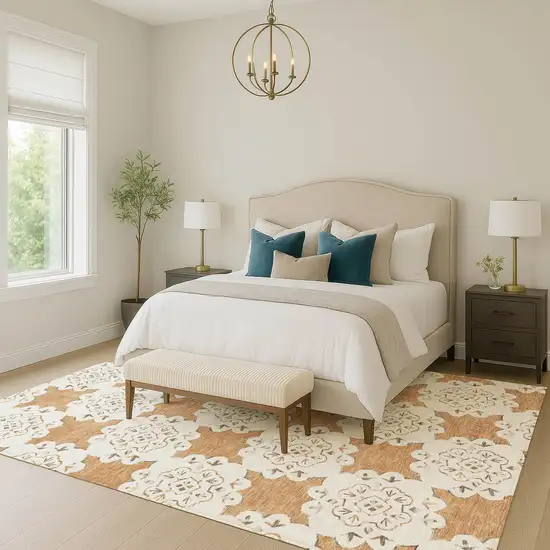 Copper And Ivory Quatrefoil Washable Indoor Outdoor Area Rug Photo 8