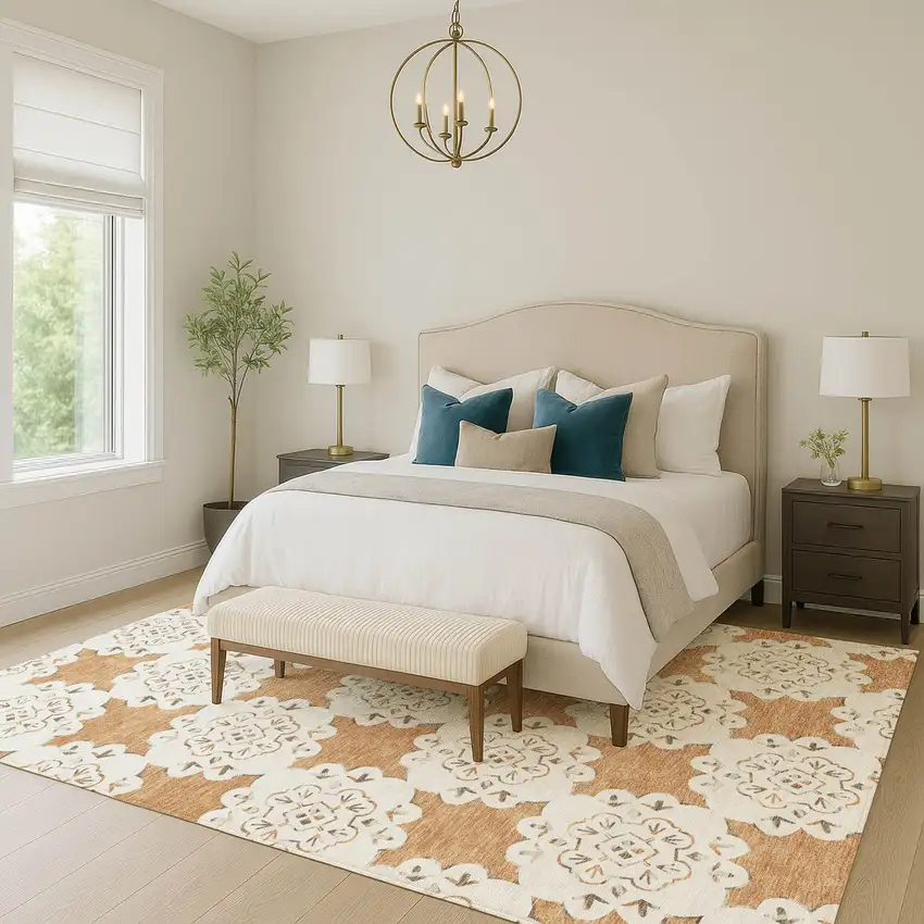 Copper And Ivory Quatrefoil Washable Indoor Outdoor Area Rug Photo 8