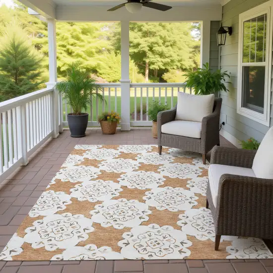 Copper And Ivory Quatrefoil Washable Indoor Outdoor Area Rug Photo 9