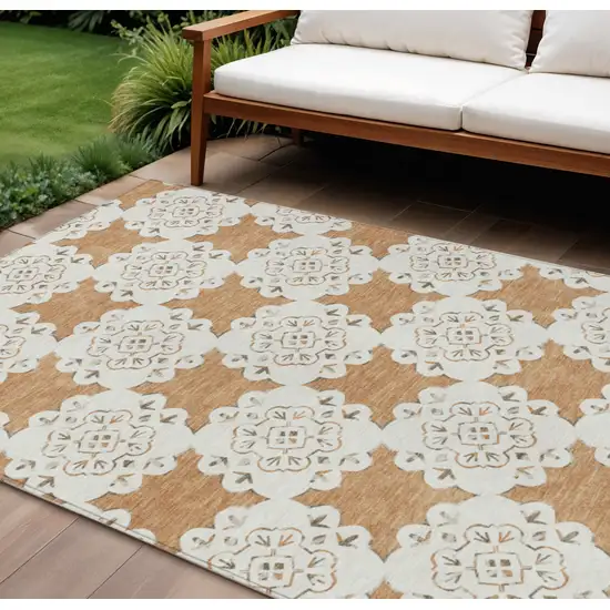 Copper And Ivory Quatrefoil Washable Indoor Outdoor Area Rug Photo 1