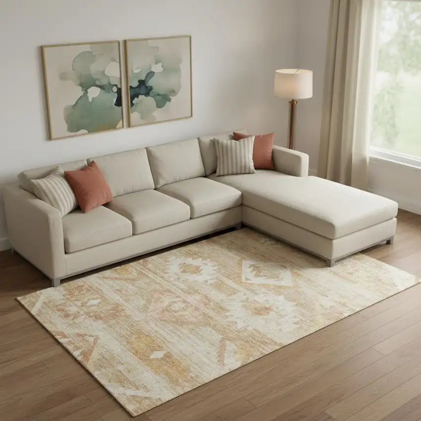 Copper And Ivory Southwestern Washable Area Rug With UV Protection Photo 1