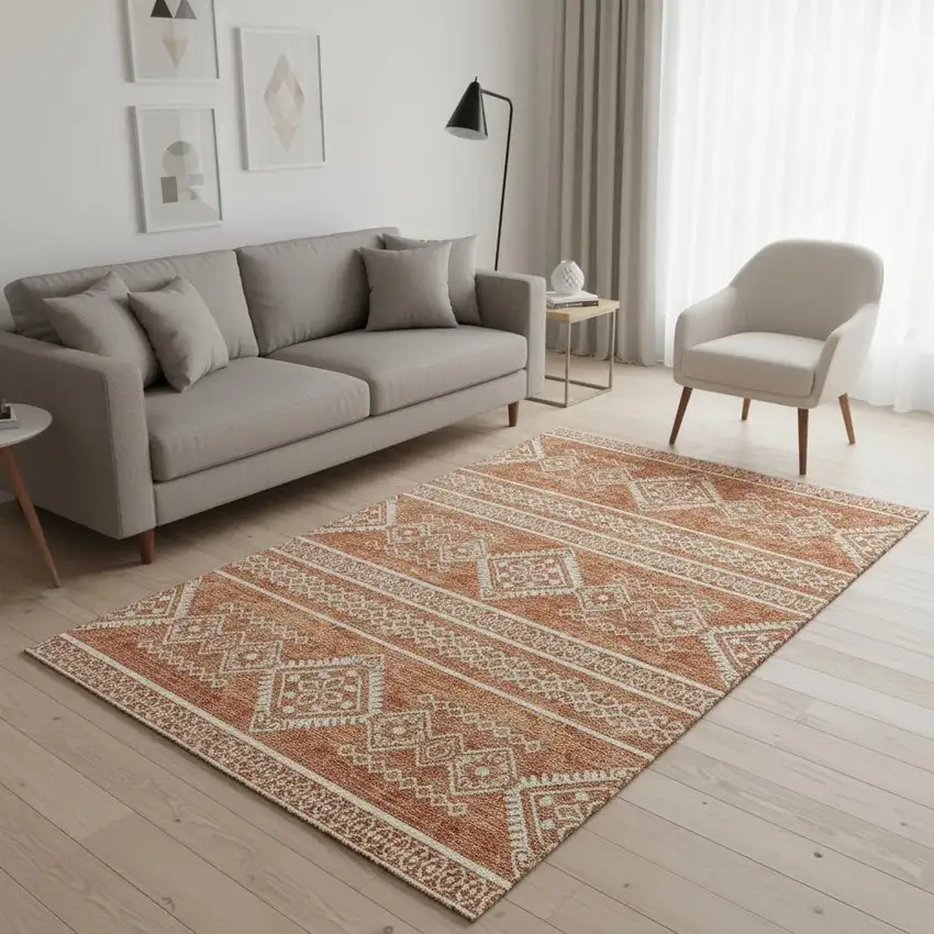 Copper And Ivory Southwestern Washable Area Rug With UV Protection Photo 2