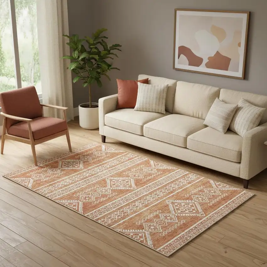 Copper And Ivory Southwestern Washable Area Rug With UV Protection Photo 1