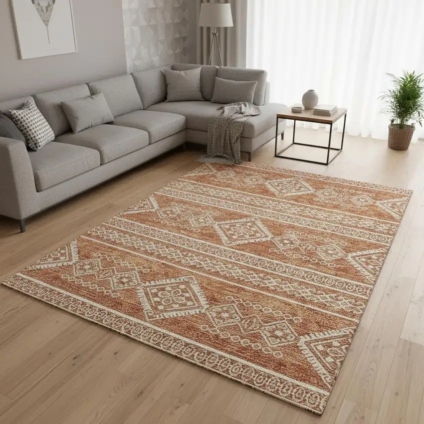 Copper And Ivory Southwestern Washable Area Rug With UV Protection Photo 2