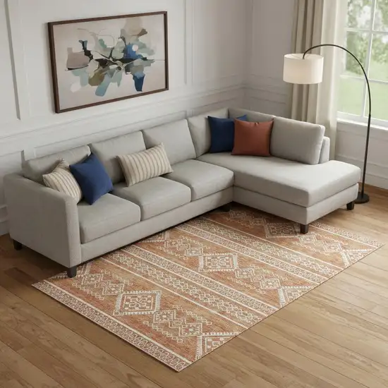 Copper And Ivory Southwestern Washable Area Rug With UV Protection Photo 1