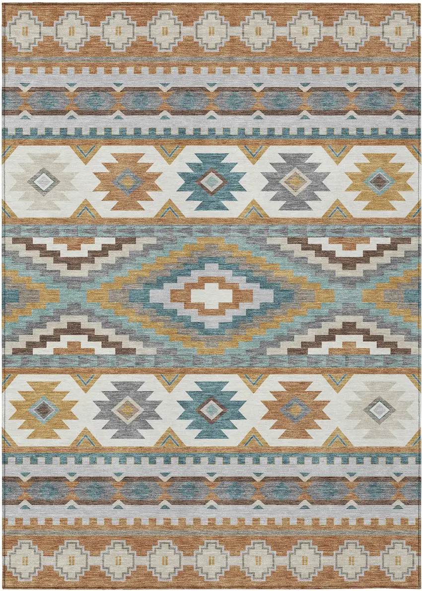 Copper And Ivory Southwestern Washable Indoor Outdoor Area Rug Photo 1