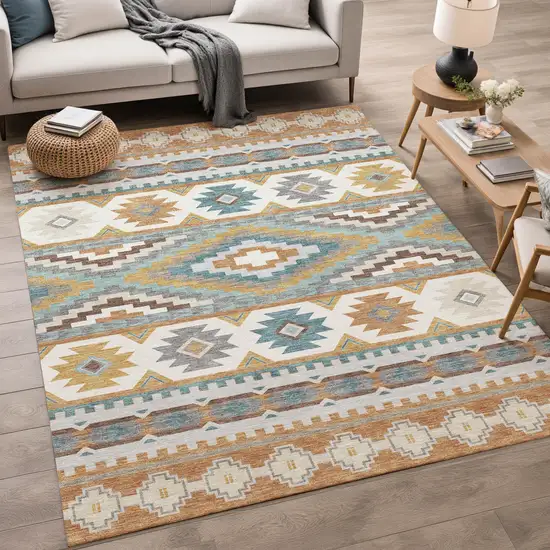 Copper And Ivory Southwestern Washable Indoor Outdoor Area Rug Photo 5