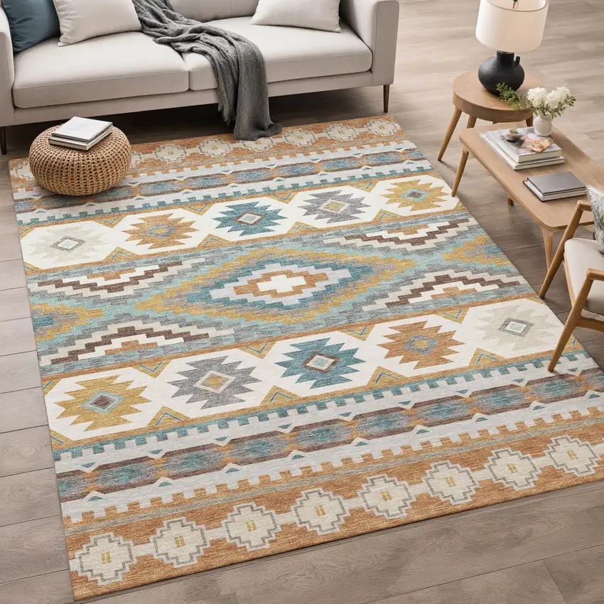 Copper And Ivory Southwestern Washable Indoor Outdoor Area Rug Photo 5