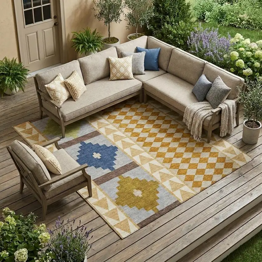 Copper And Ivory Southwestern Washable Indoor Outdoor Area Rug Photo 1