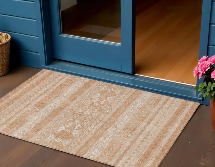 Copper And Ivory Southwestern Washable Indoor Outdoor Area Rug Photo 1