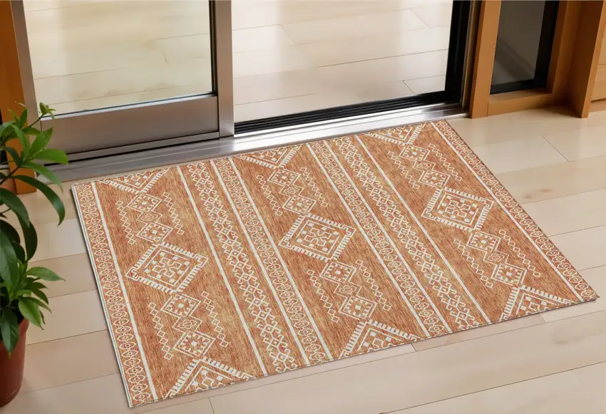 Copper And Ivory Southwestern Washable Indoor Outdoor Area Rug Photo 1