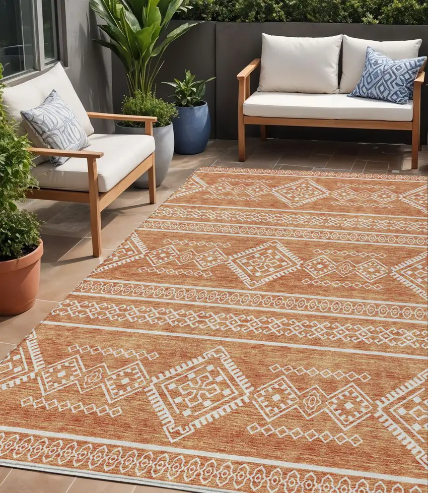 Copper And Ivory Southwestern Washable Indoor Outdoor Area Rug Photo 1