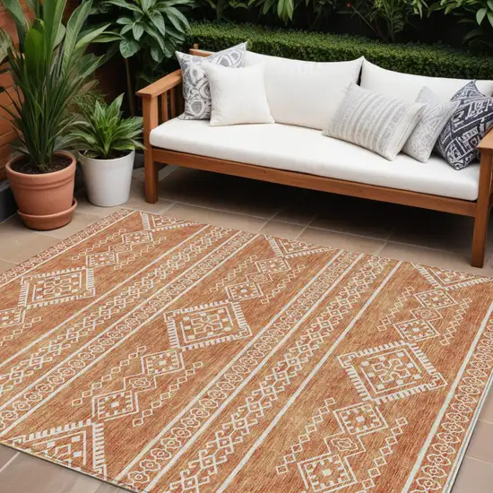 Copper And Ivory Southwestern Washable Indoor Outdoor Area Rug Photo 1