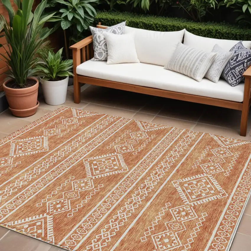 Copper And Ivory Southwestern Washable Indoor Outdoor Area Rug Photo 1