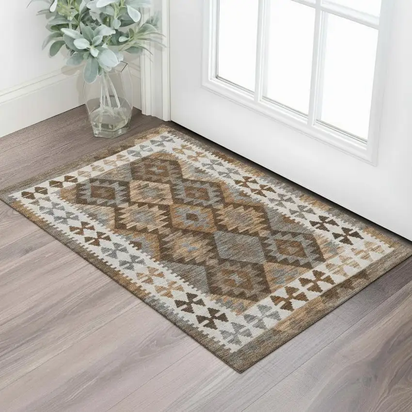 Copper And Ivory Tribal Washable Area Rug With UV Protection Photo 2