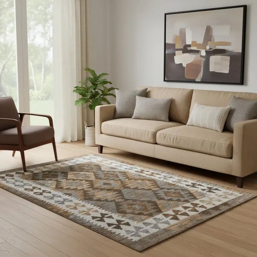 Copper And Ivory Tribal Washable Area Rug With UV Protection Photo 2