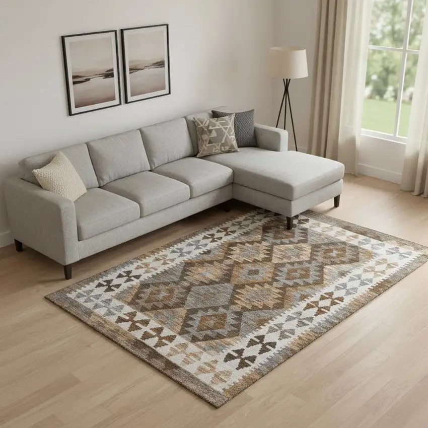 Copper And Ivory Tribal Washable Area Rug With UV Protection Photo 2