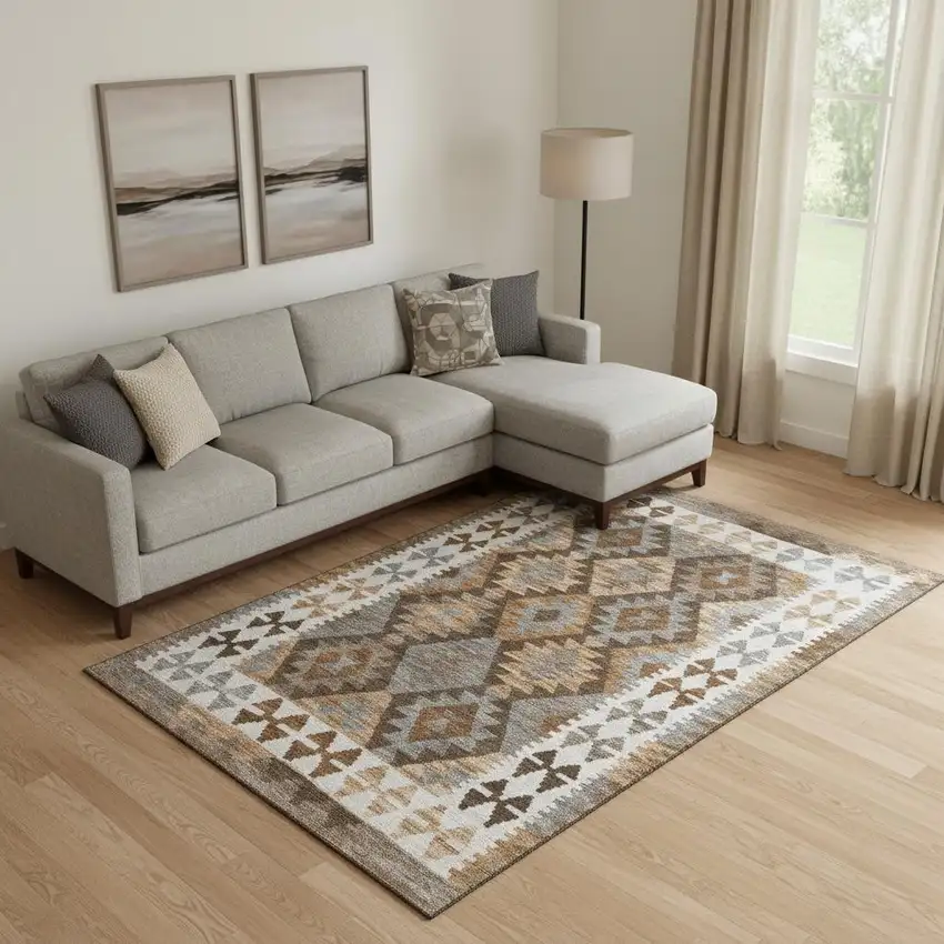 Copper And Ivory Tribal Washable Area Rug With UV Protection Photo 2