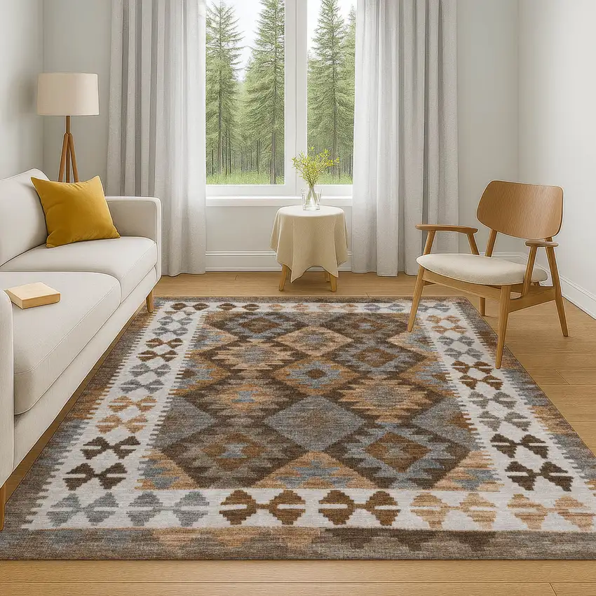 Copper And Ivory Tribal Washable Area Rug With UV Protection Photo 6