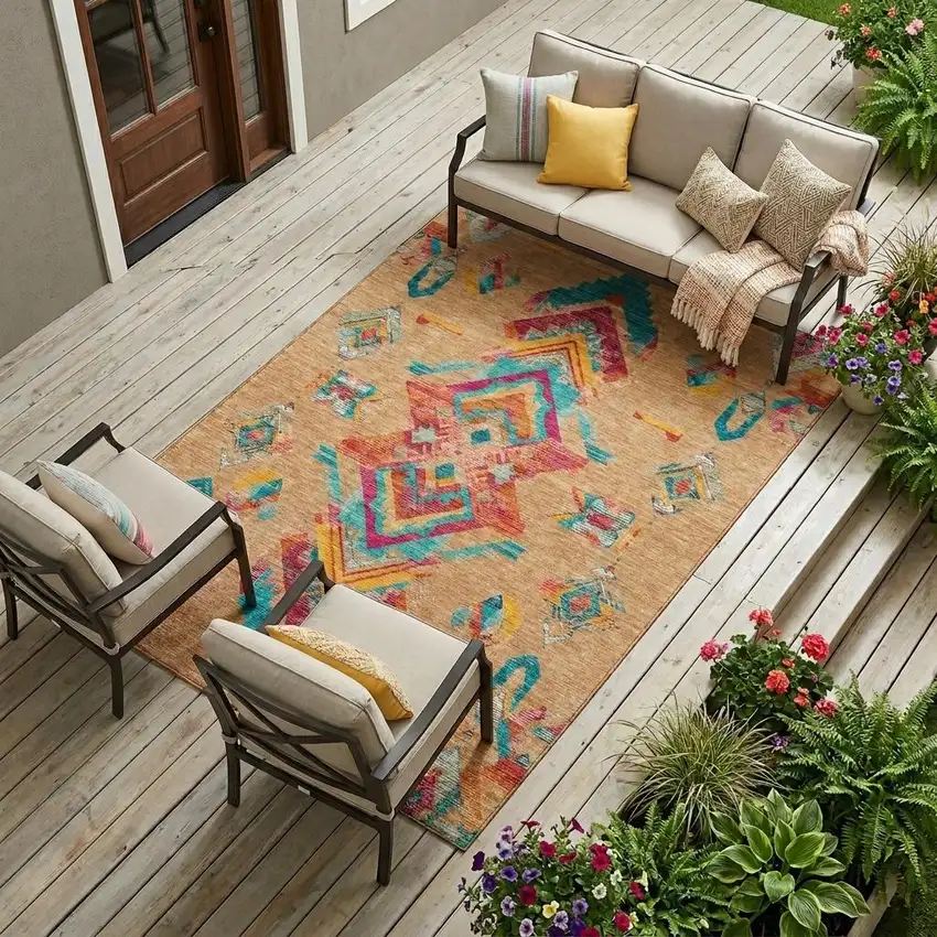 Copper And Ivory Tribal Washable Indoor Outdoor Area Rug Photo 1