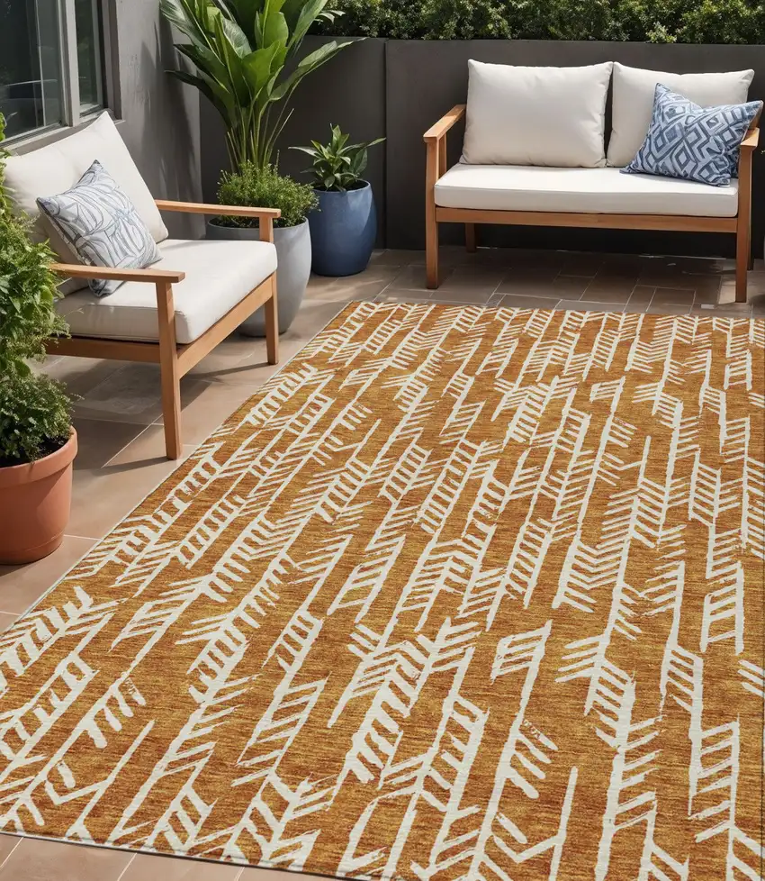Copper And Ivory Tribal Washable Indoor Outdoor Area Rug Photo 1